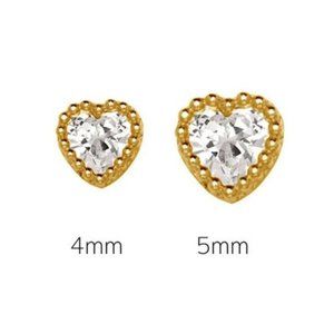 14K Solid Gold Love Heart Bezel Stud Earrings Set With Sparkling White Stone 5mm